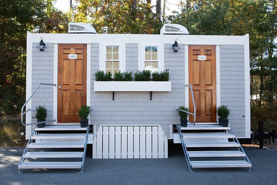 Wedding restroom units discretely staged at a venue in Atwater, California